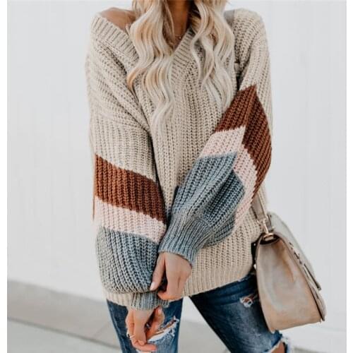 V Neck Striped Patchwork Sleeve Knit Sweater Women Loose Pullover Fall Sweaters and Pullovers Fashion New
