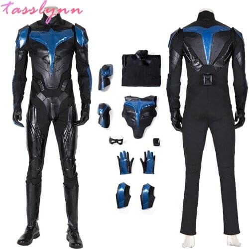 Titans Nightwing Dick Grayson Costume Halloween Cosplay Superhero Jumpsuit Black Armor Mask Suit Fancy Party Outfit