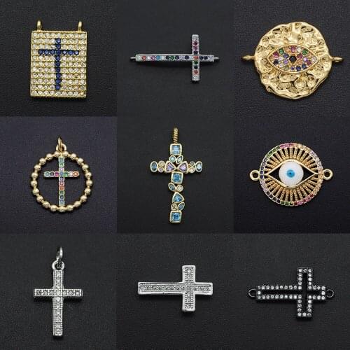 Gorgeous Diy Jesus Cross CZ Charms Wholesale Necklace Pendant Cubic Zircon Evil Eye Hamsa Hand Connector For Jewelry Making