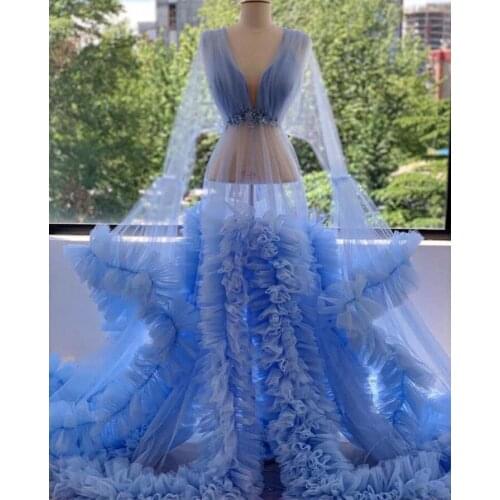 High Quality See Thru Black A-line Long Dress Women Ruffles Tulle Pregnant Woman Puff Full Sleeves Open Bottom Prom Gowns