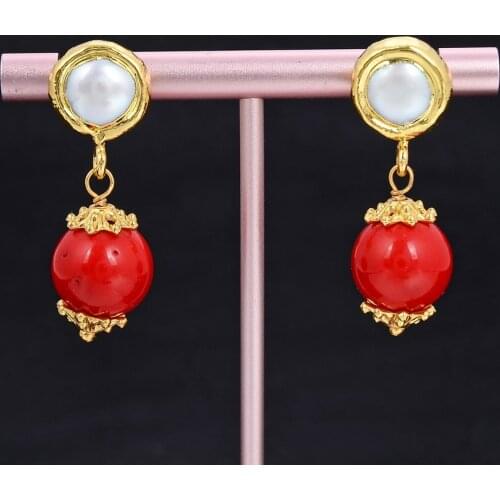 GuaiGuai Jewelry Natural White Keshi Pearl Red Coral Gold Color Plated Stud Dangle Earrings For Women