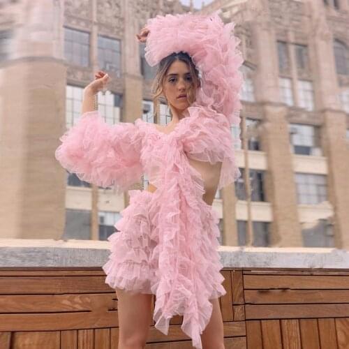 Fluffy Pink Two Pieces Sets Women Tiered Ruffle Off Shoulder Blouse Woman Top And Shorts Tulle Pants Fullness Party Wear