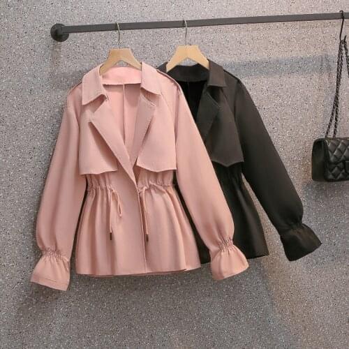 Plus Size Autumn Fashion Women British Style Windbreaker Coat Wide-waisted Lacing Black Pink Short Trench Coat Femme 4xl