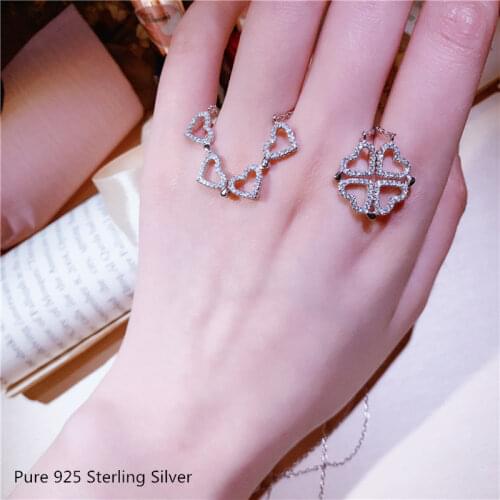 Buyee Heart Pendant Necklace Women Can Be Split Into 4 Heart-shape Clover Real 925 Sterling Silver Necklace for Women Jewelry