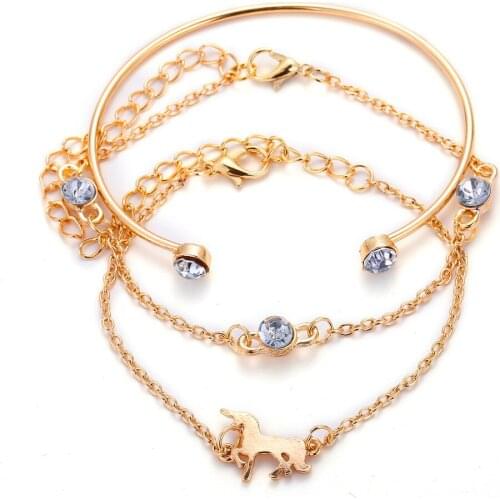 Gold Color Bracelets Set Crystal Beads Rhinestone Unicorn Link Chain Animal Charm Bracelet Cuff Bangles Open Jewelry Women 3 Pcs