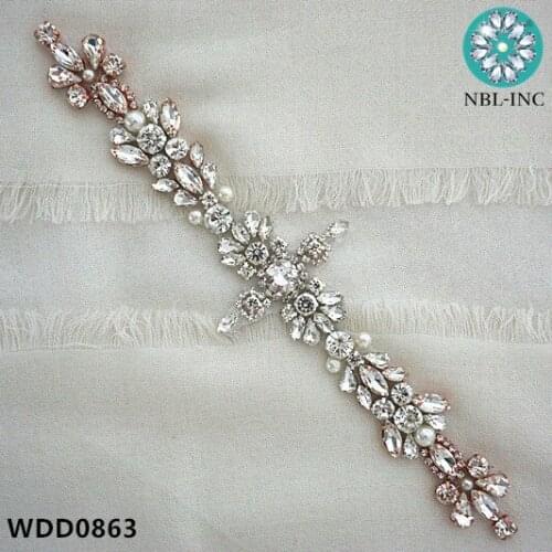 30PCS )Wholesale bridal hand beaded silver crystal rhinestone appliques iron on for wedding dresses sash WDD0863