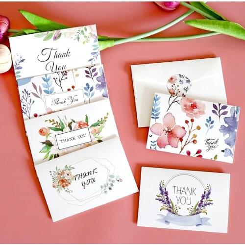 6pcs/set Flower Thank You Cards with Envelop Stickers Cute Birthday Party Greeting Card Message Postcard Christmas Wedding Decor
