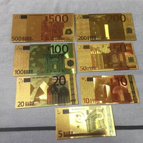 7pcs/pack 5 10 20 50 100 200 500 EUR Gold Banknotes In 24K Gold Fake Paper Money for Collection Euro Banknote Sets Copy
