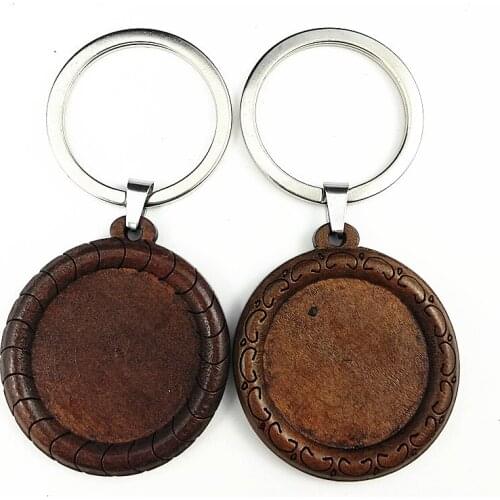 8pcs Dark brown wood cabochon 25mm keychain base settings blank wooden trays for DIY Keychain with Stainless steel ringmaking