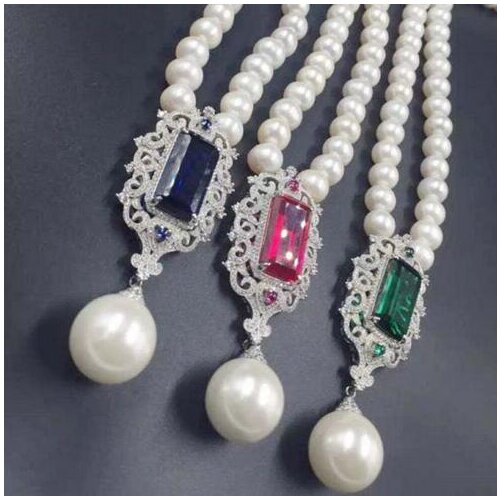 Free shipping 8-9mm White Pearl micro inlay red green blue zircon CZ Necklace 14mm shell Pendant 925 silver