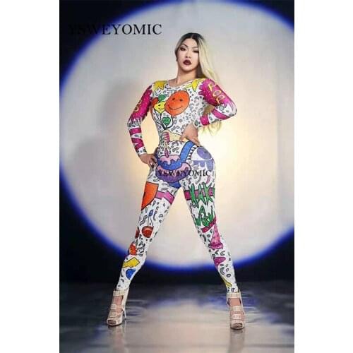 Colorful Cartoon Doodle Jumpsuit Outfit Female Singer Performance Party Wear Dance Stage Costume Bodysuit Prom Show Leggings