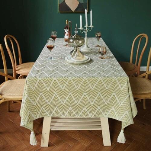 Household Cotton Linen Jacquard Tablecloth Tassel Rectangular Tablecloth American Table Mat Pure Color Coffee Table Decoration