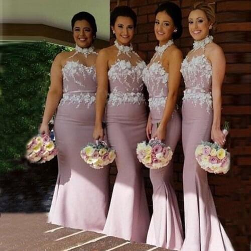 Elegant Halter Neckline Blush Mermaid Bridesmaid Dresses Long Wedding Party Dress With Flower Beadings Formal Prom Gown Cheap