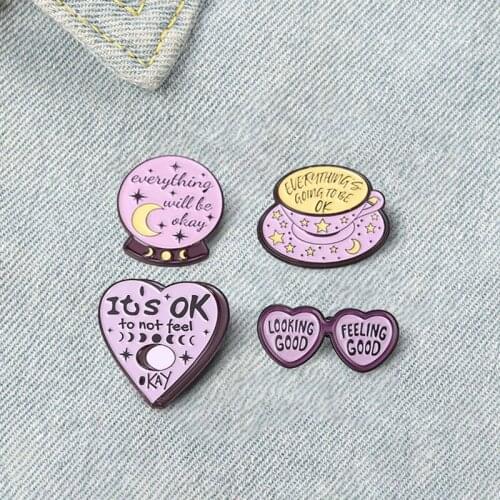 Everything Will Be OK Enamel Pins Custom Sunglass Coffee Crystal Ball Brooch Lapel Badge Bag Jewelry Gift Kids Friends