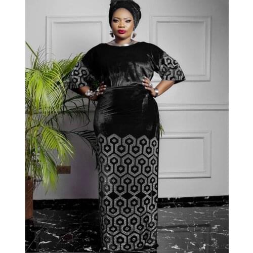 3 Pieces Set Dashiki Top Skirt Suit With Headscarf African Clothes For Women Velvet Evening Dresses Ladies Muslim Fashion Dress