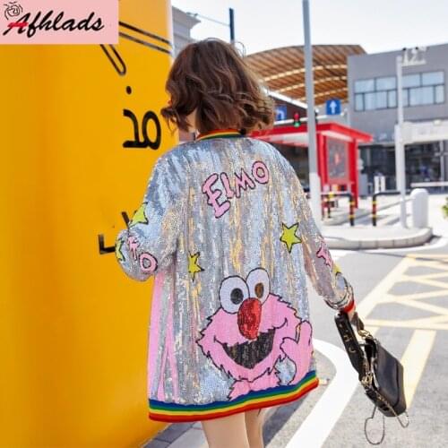 Sequined Cartoon Print Jacket New Female Spring And Autumn Korean Loose Fashion Outerwear Coats Long Sleeved Hip Hop Jackets