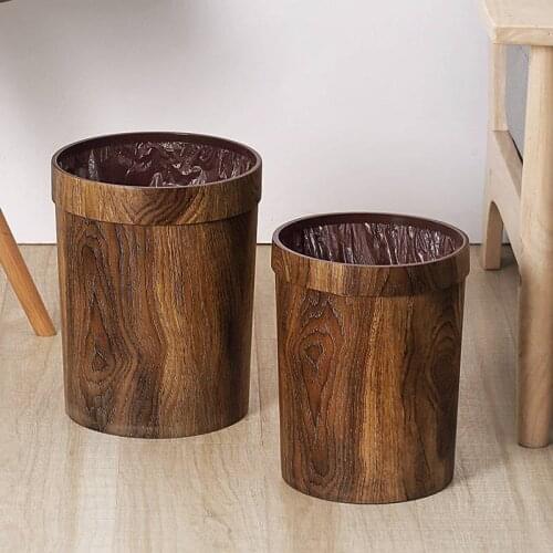 Retro Imitation Wood Grain Trash Can Household Living Room Kitchen Bathroom Without Cover Trash Can Plastic With Pressure Ring