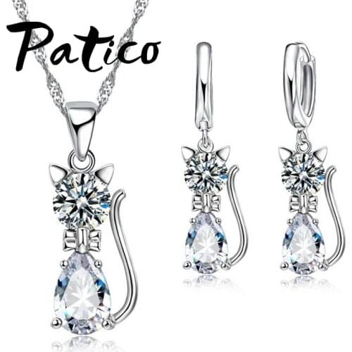 Austrian Crystal 925 Sterling Silver Jewelry Sets For Women Cute Cat Design Water Drop Crystal Pendant Necklace Set