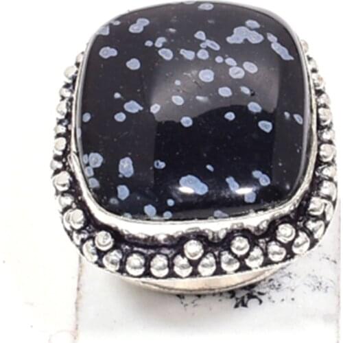 Genuine Snowflake Obsidian Ring Silver Overlay over Copper, Hand Made Women Jewelry gift, USA Size : 6.5