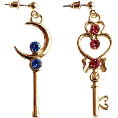 Drop shipping One Pair Gold Color with Blue Red Crystal Key Shap Sailor Moon Dangle Earrings