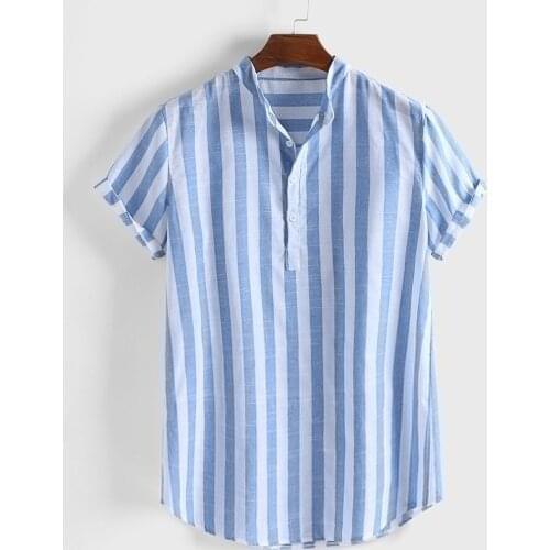 Mens Shirts Striped Print Cotton Linen Summer Beach Hawaiian Shirts Short Sleeve Buttons Shirts For Men Chemise Homme Clothing