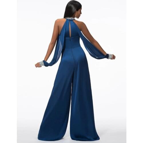 Women’s Navy Evening Dresses Prom Gown Beading Key-hole Satin Navy Blue Chiffon Jumpsuits Gala Gowns Open Sleeves Long