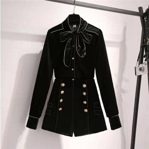 Vintage Temperament Black Velvet Two Pieces Pant Set Women Long Sleeve Bow Collar Shirt Top + Golden Double-Breasted Shorts Set