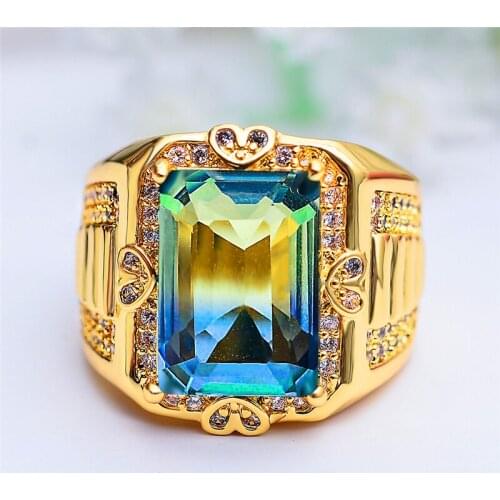 Luxury Female Blue Green Rainbow Stone Ring Yellow Gold Color Wedding Rings For Women Big Promise Square Zircon Engagement Ring