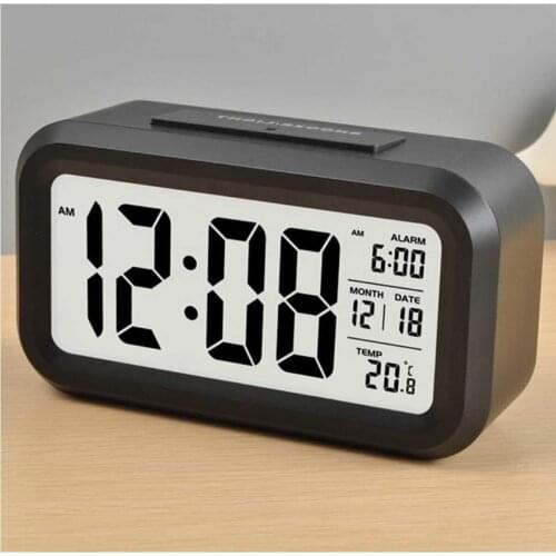 Lcd Illuminated Sensor Thermometer Alarm Digital Table Clock + Battery