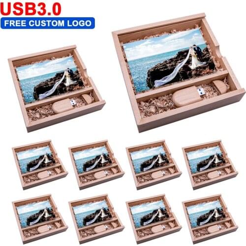 10pcs/lot USB 3.0 Maple Wood Box + Photo Album Memory Stick 4GB 8GB 16GB 32GB 64GB Pendrive for Photography Gifts Custom Logo