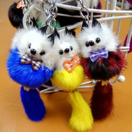 2019 Real mink fur small fox mixed color key chain pendant Cute little doll handbags accessories boutique supply