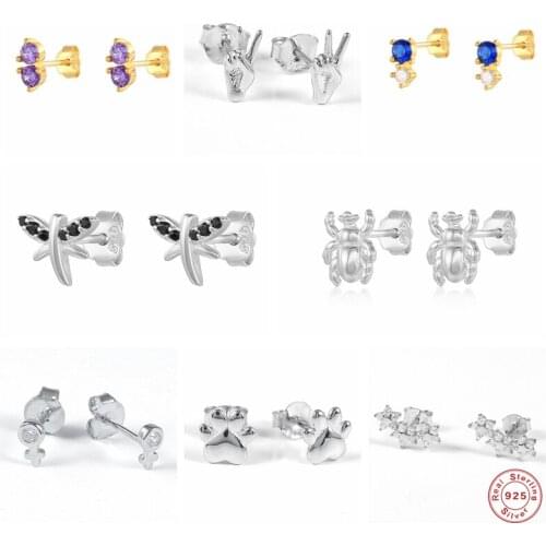 GS 925 Sterling Silver Purple Black Zircon Dragonfly Spider Stud Earrings For Women Hand Gesture Ear Studs Rock Punk Jewelry