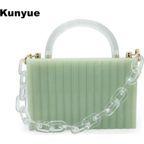 Brand Fashion Handbag Elegant Lady Green Striped Acrylic Clutch Purse Chic Transparent Handle Evening Bag Wedding Party Prom Box