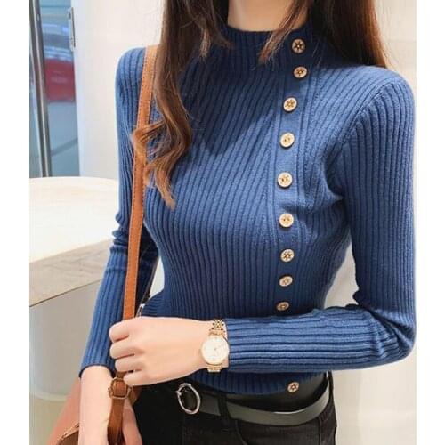 Elegant Women Mock Neck Pullover Button Sweater 2021 Autumn Winter New Solid Casual Slim Bodycon Long Sleeve Knitted Top Female