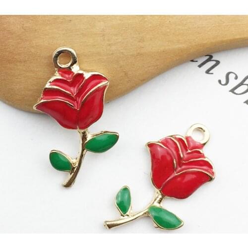 10pcs/pack 13*24mm Rose Flower Enamel Charms Pendant For DIY Handmade Jewelry Finding Golden-colour Rose For Lover Gift YZ056