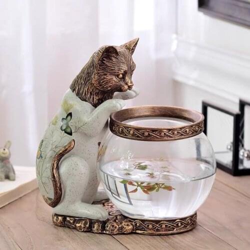 European Aquarium Goldfish Fish Tank Flower Pot Playful Kitten Fishing Gift Decoration Aquarium Animal Study Desk Office