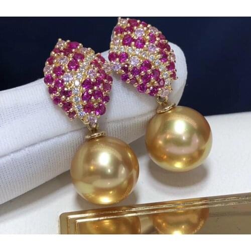 Fine Jewelry Pure 18 K Gold 1103 Natural Ocean Golden Pearls 11-10mm Round Pearl Earrings for Women Fine Pearl Earrings