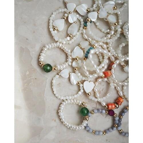 Freshwater Pearl Ring Natural Stone Crystal Red Agate Green Aventurine White Turquoise Gift for Women Girls Adjustable