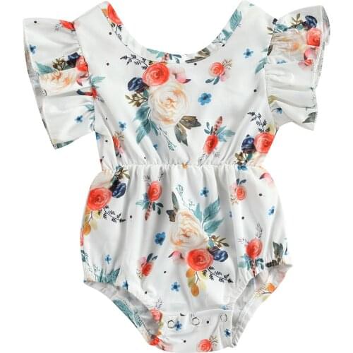 Baby Girls Summer Romper Floral O-Neck Ruffled Short Sleeves Jumpsuit with Crotch Button for Toddlers 3-24 Months