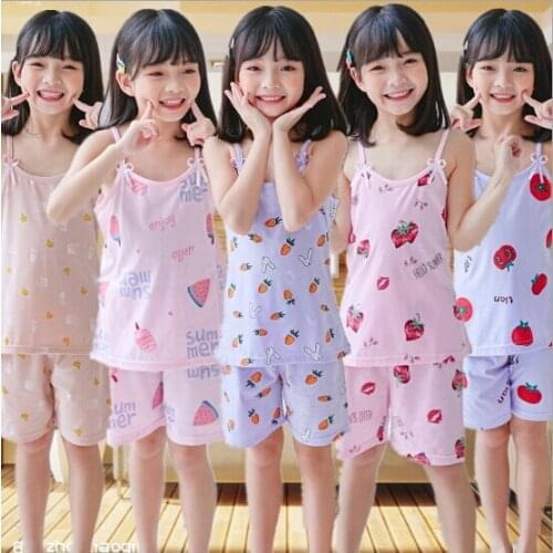 2020 Summer Children Pajamas Set Sling Tops Shorts Suit Sweet Girls Sleepwear Suit Casual Kids Pyjamas Set Baby Lounge