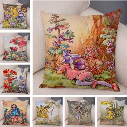 Soft Plush Cushion Cover Colorful Cute Cartoon Flower Girl Pillowcase Decor Fairy Tale World Elves for Sofa Home Pillow Case