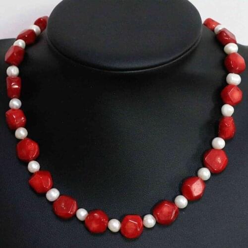 Natural red irregular coral 9-13mm high grade white pearl spacer beads unique design women necklace 18inch B1448