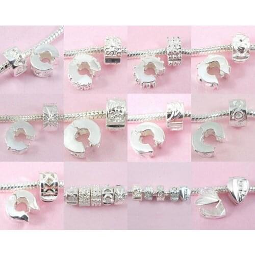Wholesale 20 pcs/ Lot Silver Plated Mix Clip Lock Stopper Space Beads For European Charm Bracelet Jewelry DIY KK02