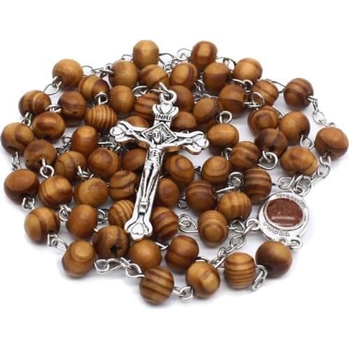 YYSD Retro Wooden Rosary Beads Necklace for Women Cross Jesus Pendant Religious Christian Jewelry Gifts