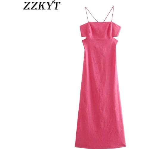ZZKYT 2021 Women Summer Fashion Solid Midi Dress Vintage Square Collar Sleeveless Backless Split Female Party Dresses Mujer