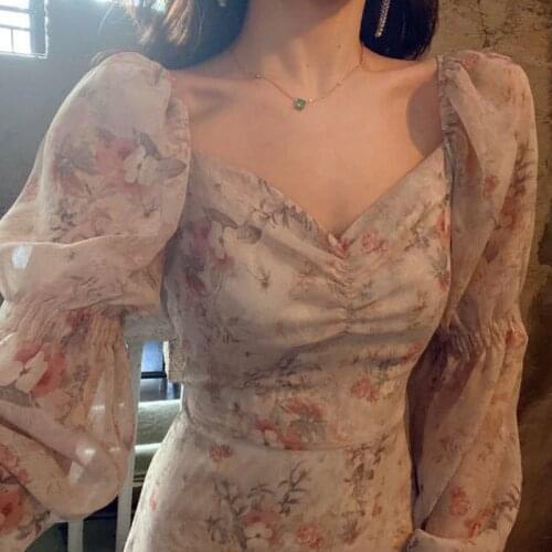 French retro floral dress women elegant chiffon long sleeve puff sleeve square collar mid-length summer womens clothing 2021
