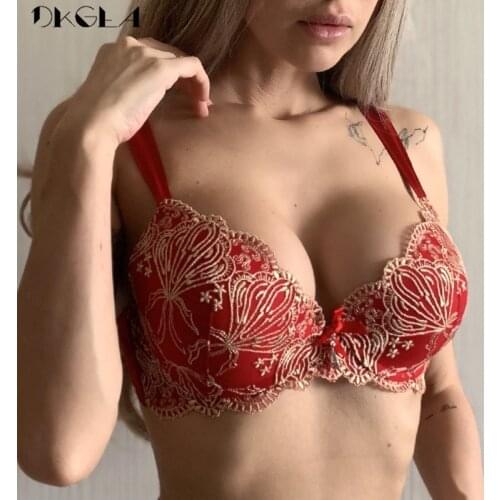 Luxury Red Bra Sexy Brassiere A B C Cup Thick Cotton Underwear Women Bras Embroidery Lingerie Lace Push Up Bra Brown