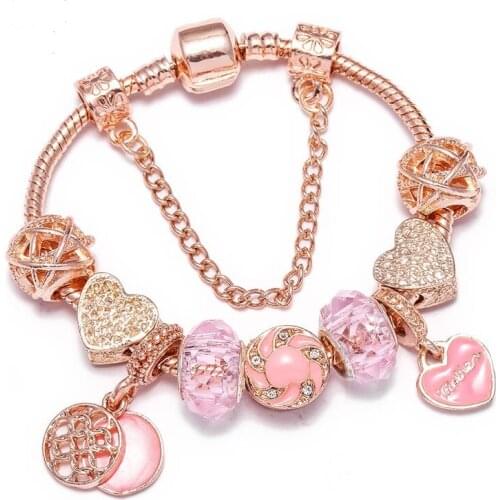 Seialoy Rose Gold Snake Bone Chain Bracelet Mother Heart Pendant Charm Bracelets Pink Crystal Bead Bangles Popular Jewelry Gift