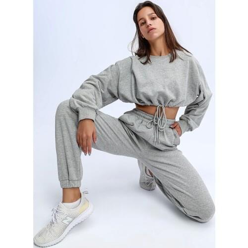 Fitness Sports Loose Large Size Sweater Suit Long Sleeve Top Pants Casual Navel Two-Piece Suit Womens Sports Suit