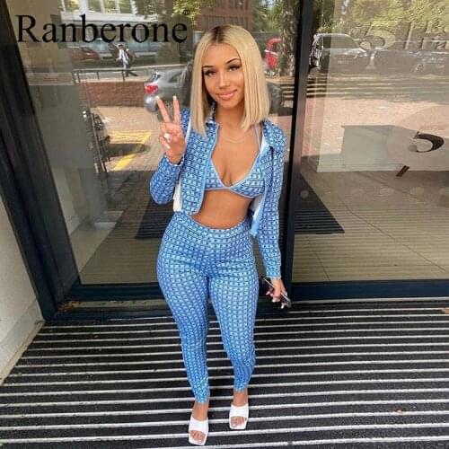 Ranberone 3pcs Tracksuit Wives Long Sleeve Plaid Cardigan Jacket Sexy Bikini Leggings Sport Women Fitness Fashion Gym Clothing